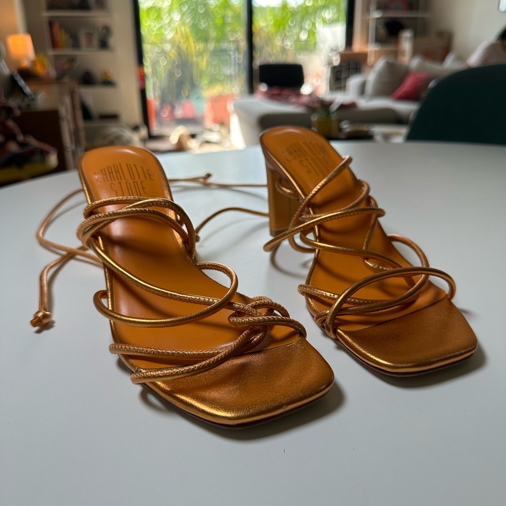 Charlotte Stone Copper Metallic Lace-Up Block Heel Sandals